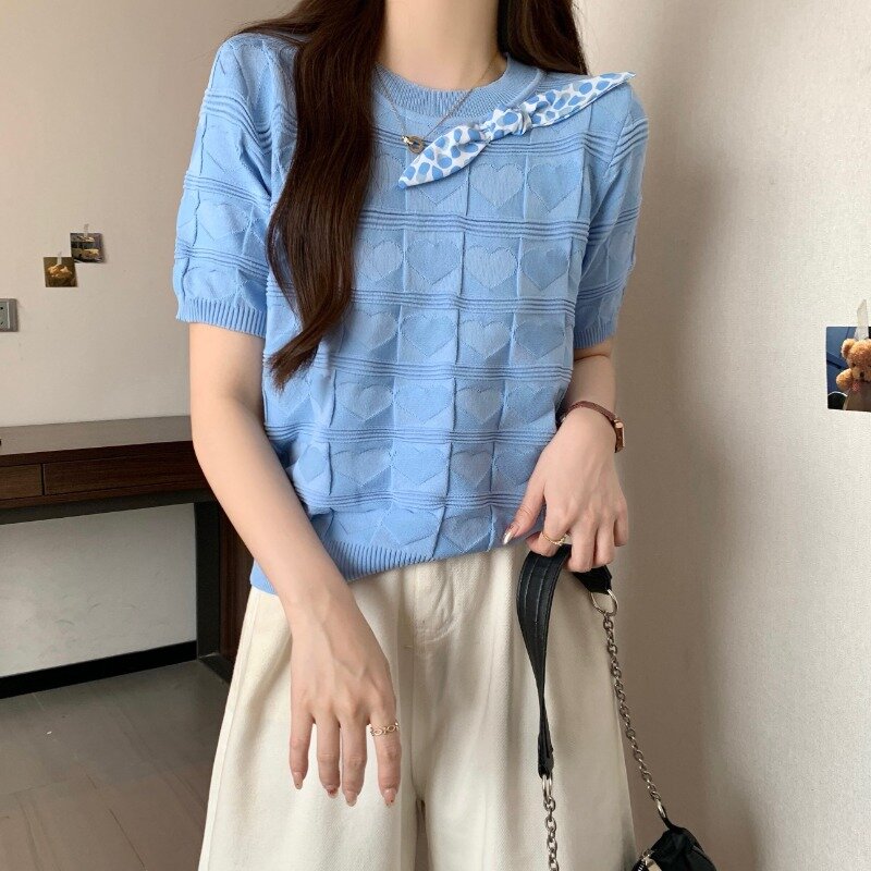 Miiiix 2024 Summer New Fashionable Love Bow Pullover for Women Design Loose and Slim Round Neck Knitted Top Female Clothing