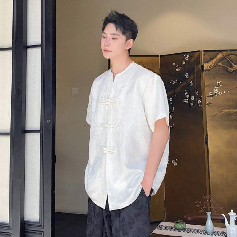 IEFB Summer Shirt Men's Chinese Style Single Breasted Jacquard Buckle O-neck Short Sleeve Vintage Solid Color Top 2024 9C5859