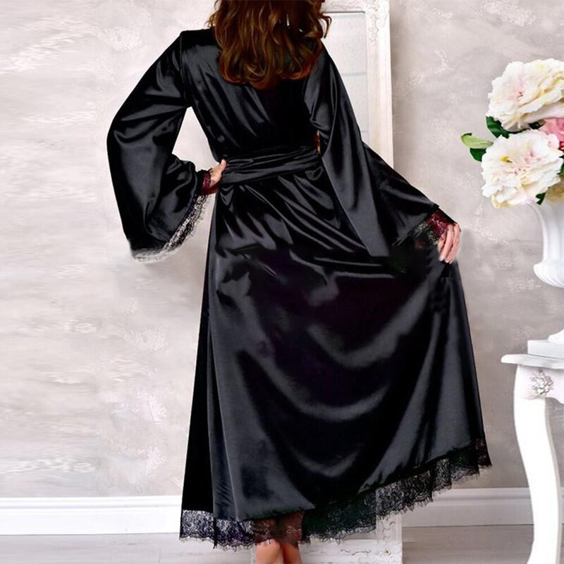 Women Long Robe Satin Long Sleeved Bathrobe Kimono Lace Loose Nightdress Ultra-thin Breath Nightgown Summer Comfort Sleepwear