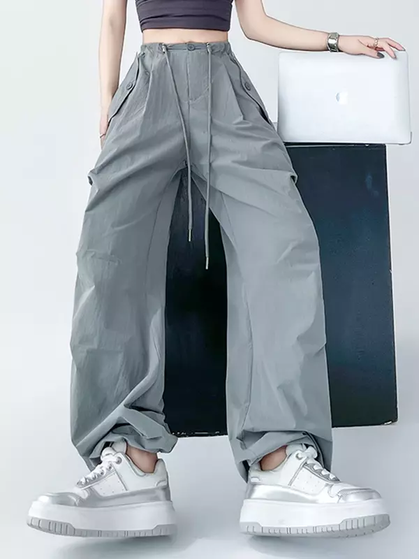 Pantalones holgados de Color caqui para mujer, pantalón informal con cremallera y botones, Color sólido, elegante, a la moda