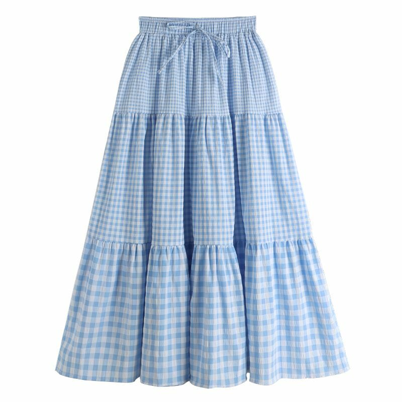 Color Blocking Plaid Design Women's Skirt 2024 Summer New Elastic Waist Long Skirt Korean Fashion Pastoral Style A-line Skirt