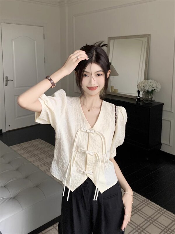 Ata iiix-Chemise à manches courtes boutonnée de style chinois pour femme, tee-shirt amincissant français légèrement potelé, été, entièrement initié, nouveau