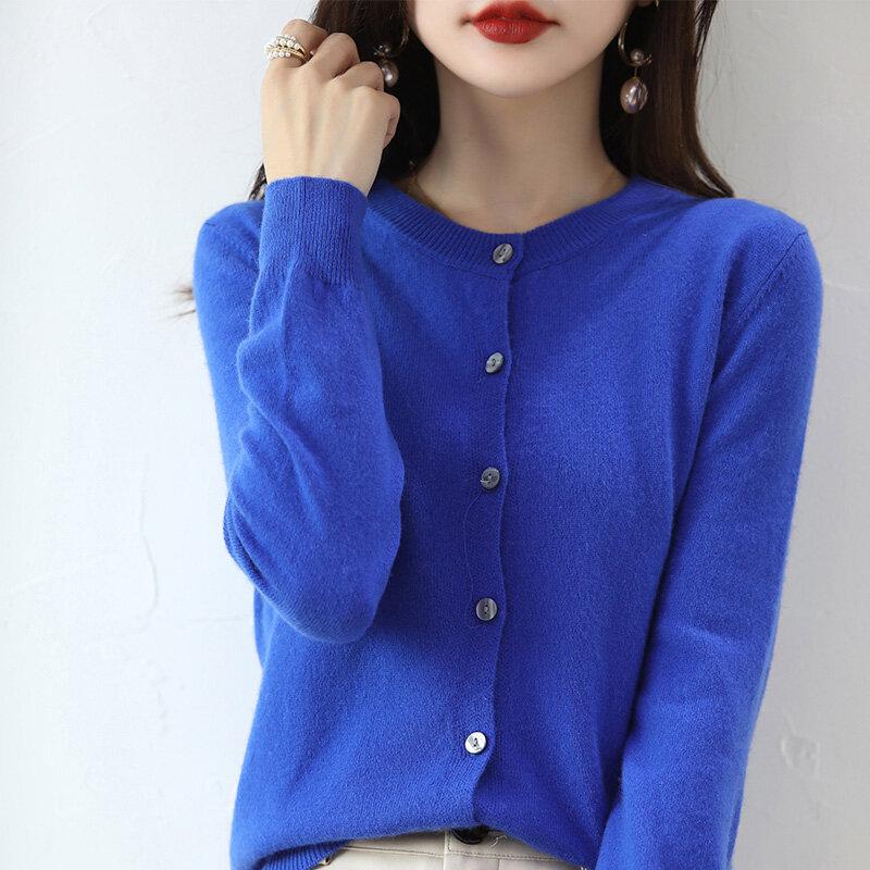 Damski sweter kardigan wełniany płaszcz 22 wiosenny i jesienny nowy okrągły dekolt dzianinowy jednolity kolor luźny z długim rękawem najniższy koreański wersja
