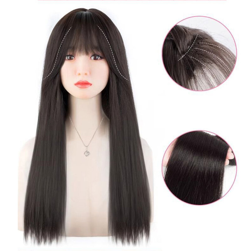 YANKUN 60cm Wig panjang gaya Ins Korea untuk wanita rambut palsu berkualitas tinggi keriting berombak besar dengan jaring rambut imitasi atsphe