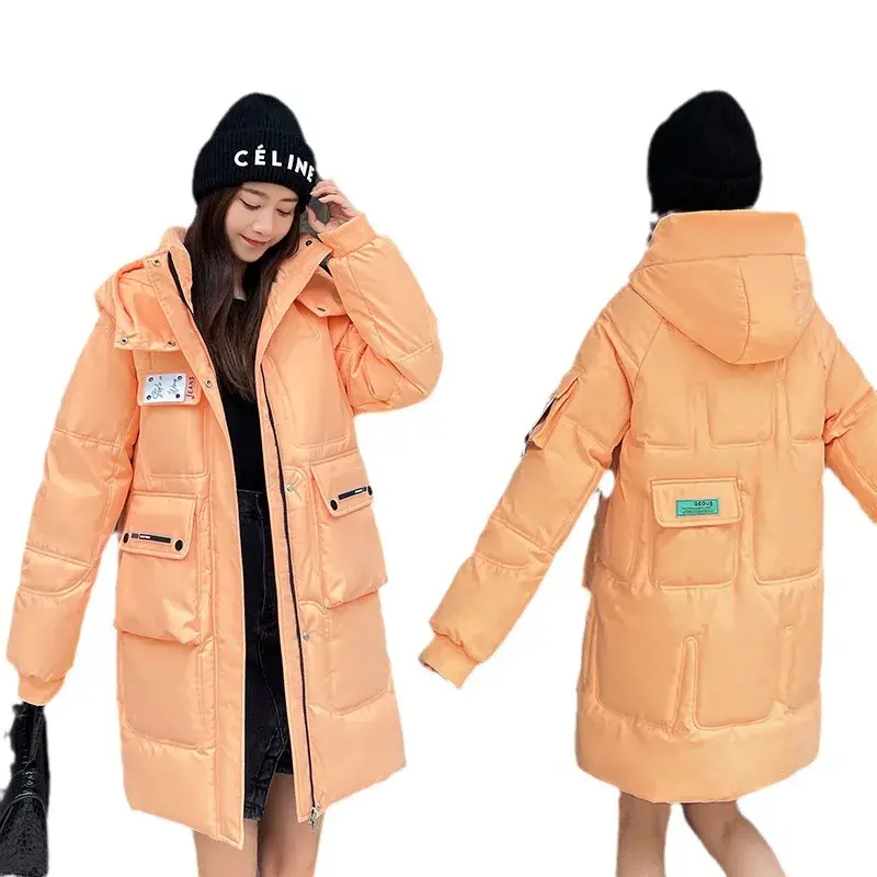 Новинка 2023, женское пуховое пальто из хлопка, зимняя теплая куртка, женские парки среднего размера, свободная верхняя одежда большого размера, пальто с подкладкой и капюшоном