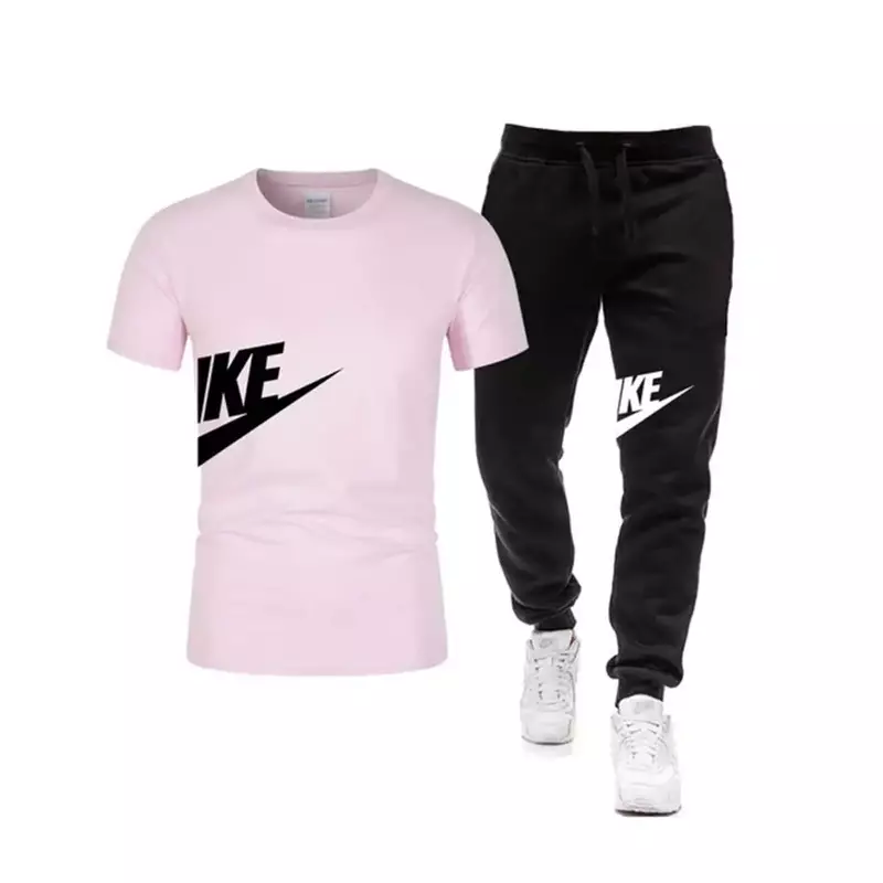 男性用の快適な2ピーススポーツウェアセット,半袖Tシャツ,ロングパンツ,2024