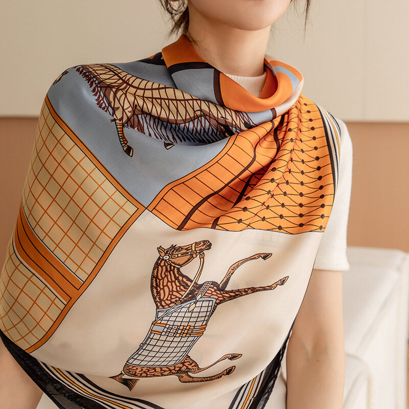 Elaifruihao-女性用フローラルシルクスカーフ,大きな正方形のサテンスカーフ,110cm