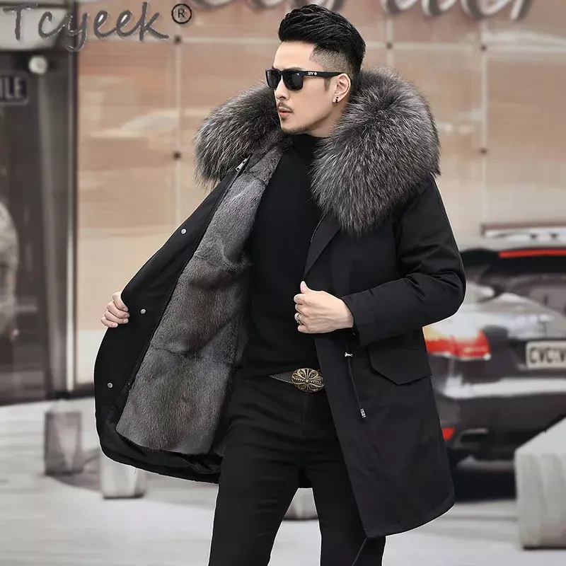 Tcyeek 2023 Warm Mink Fur Liner Detachable Coat Man Clothes Raccoon Dog Fur Collar Winter Jackets for Men Fashion Real Fur Parka