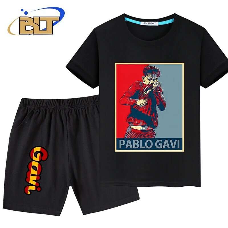 Gavi-Conjunto de 2 piezas para niños, ropa con estampado, camiseta, pantalones, traje deportivo, pantalones cortos de manga corta, color negro, Verano