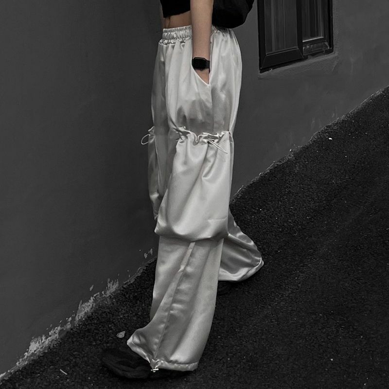 Deeptown Y2k celana kargo Satin wanita, celana kargo ukuran besar Harajuku mode Korea musim panas longgar celana panjang tipis saku Gyaru Streetwear