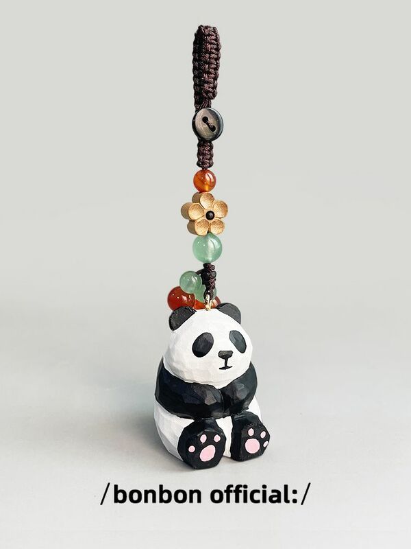 Handmade Wood Carving Soft Cute Cute Panda Weaving Guofeng Keychain Ping An Car Key Chain Schoolbag Pendant for Friends Gift