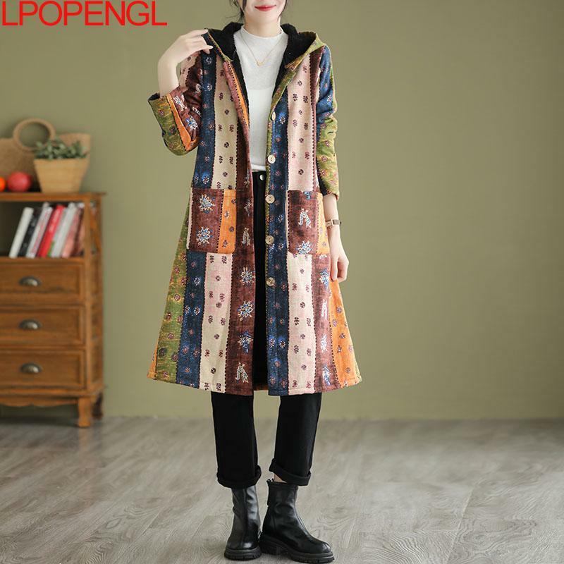 Fashion Autumn And Winter New Ethnic Style Thickened Mid-length Hooded Cotton Jacket Women Single Breasted Wide-waisted Coat