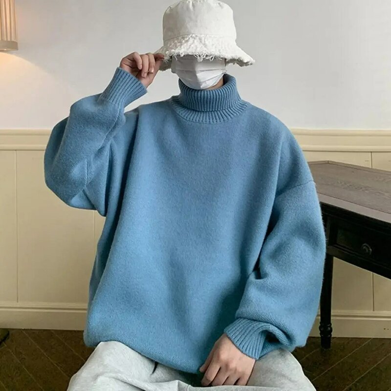 Classic Men Knitwear Men's High Collar Turtleneck Sweater Warm Knitted Pullover for Autumn Winter Soft Thickened Mid-length