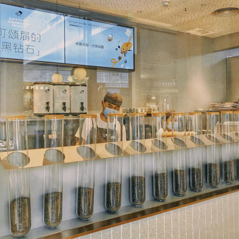 Latas de exhibición de té, té con leche, estantes de hierro, latas de almacenamiento de café de vidrio, estantes de exhibición de mostrador de bar