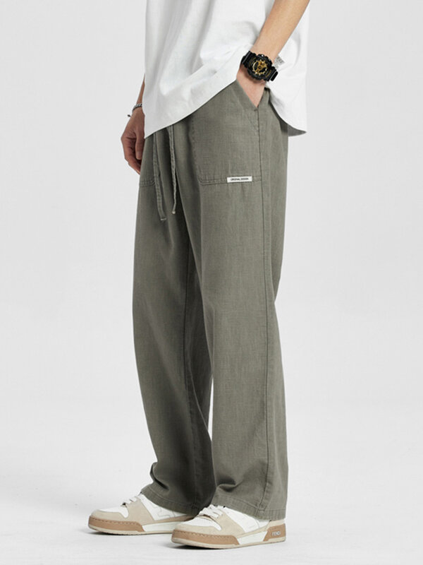 Pantalones rectos de lino para hombre, pantalón de chándal holgado, de algodón, transpirable, sólido, con cordón, informal, para el hogar