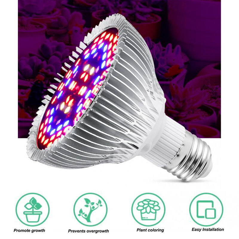 Luz de Crescimento Hidropônico de Espectro Completo, LED Grow Bulb, Phyto Lamp, Planta, Flor, Mudas, Fitolamp, E27, 50W, 78LED, 85V a 285V