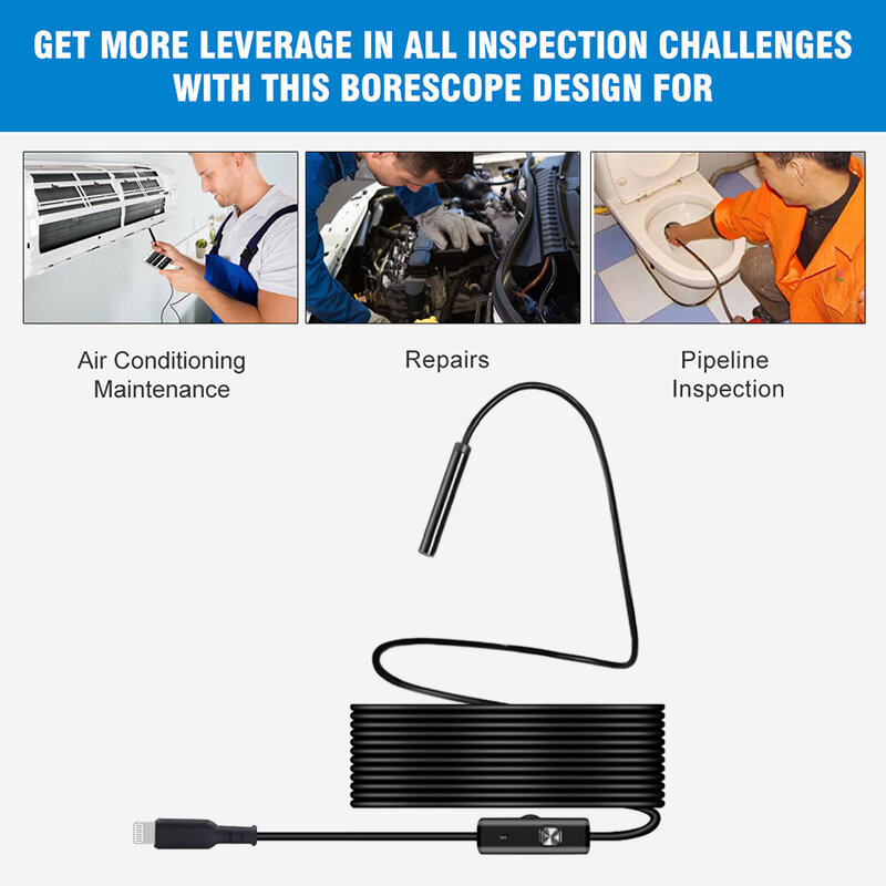 Endoscope Camera with Light for iPhone 720P HD Borescope with 8 LED 8mm IP67 Waterproof Industrial Inspection Camera for IOS