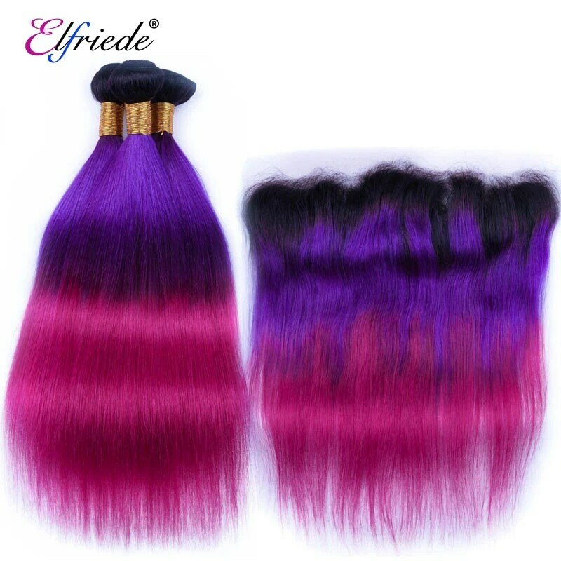 Elfriede Straight Ombre Colored #T1B/Purple/Rose Red Hair Bundles with Frontal Remy Human Hair 3 Bundles with Lace Frontal 13x4