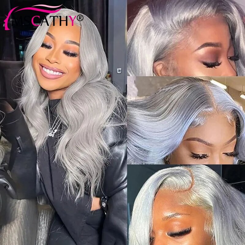 Srebrno-szaro-koronkowa peruka na przód ludzkie włosy na ciele szare kolorowe peruki typu Lace Front dla kobiet przezroczyste koronkowa peruka na przód HD w sprzedaży