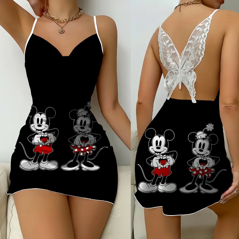 Gaun musim panas modis gaun punggung terbuka Disney 2024 rok piyama busur simpul permukaan Satin Minnie Mouse Mickey pesta Mini seksi wanita