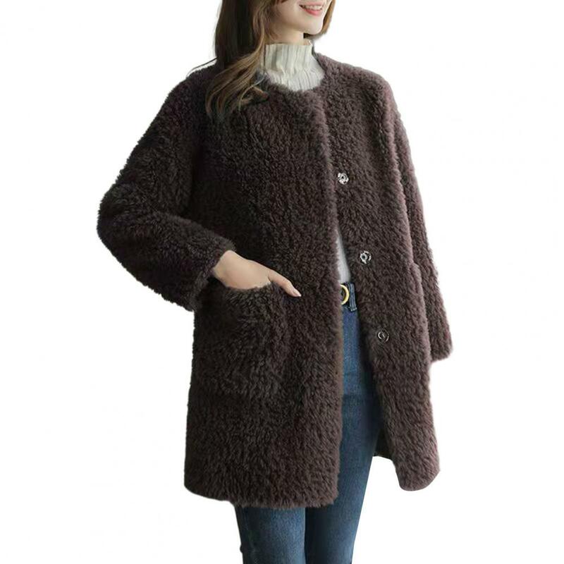 Abrigo térmico de felpa para mujer, chaqueta de manga larga a prueba de viento con cuello redondo y bolsillos, Invierno