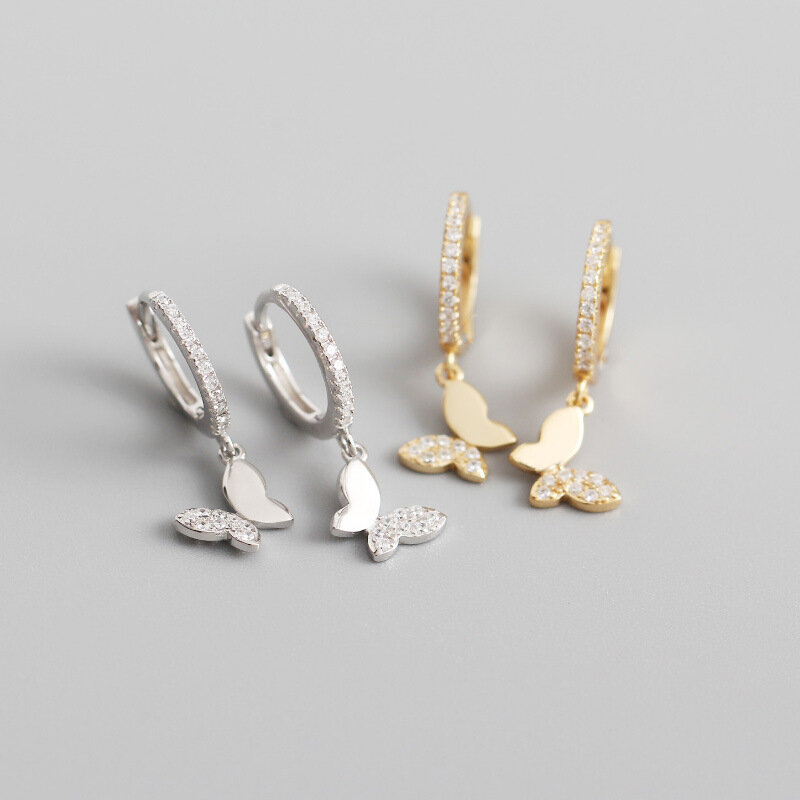 925 Silver Plated Zircon Tassel Butterfly Hoop Earrings for Women Girls Party Wedding Jewelry Gift eh019