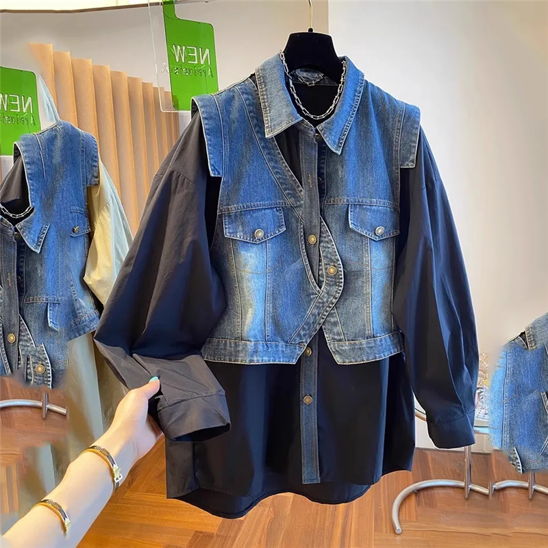 Spring Autumn Fake Two Pieces Denim Shirt 2024 New Fashion Loose Leisure Large Size 4XL Cardigan Tops Vintage Overcoat Female