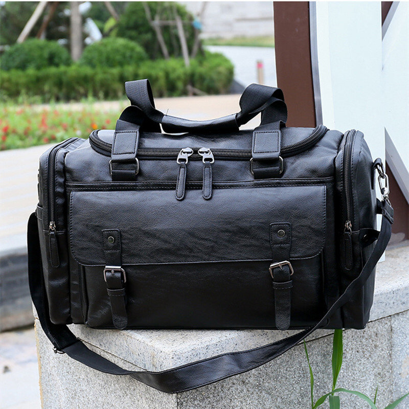 Business PU Leather Men Travel Tote Bag Large Capacity Carry on Luggage Bag Weekend Duffel Handbags Male Shoulder Fitness Bag