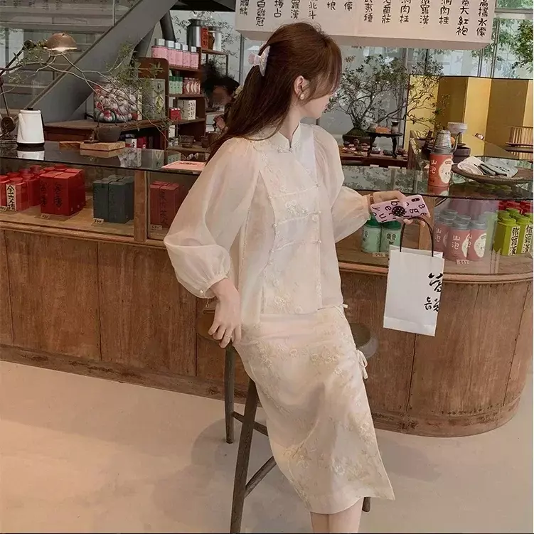 Conjunto de saias de bordado estilo chinês feminino, casual, retro, chique, elegante, proteção solar, design de moda, novo, suave, 2024