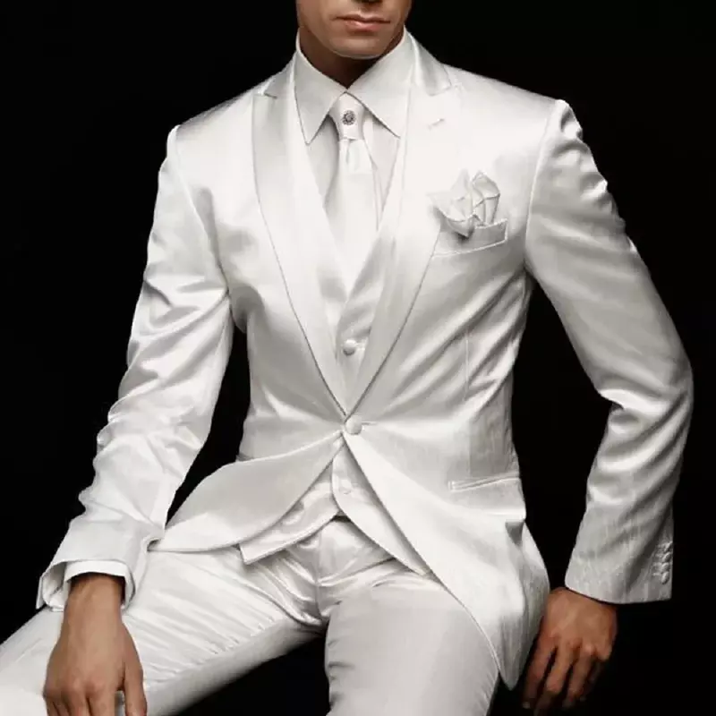Setelan tuksedo pernikahan putih pria, pakaian tuksedo pengantin pria Slim Fit pesta Prom, setelan Satin kustom 3 potong (jaket + celana + rompi)