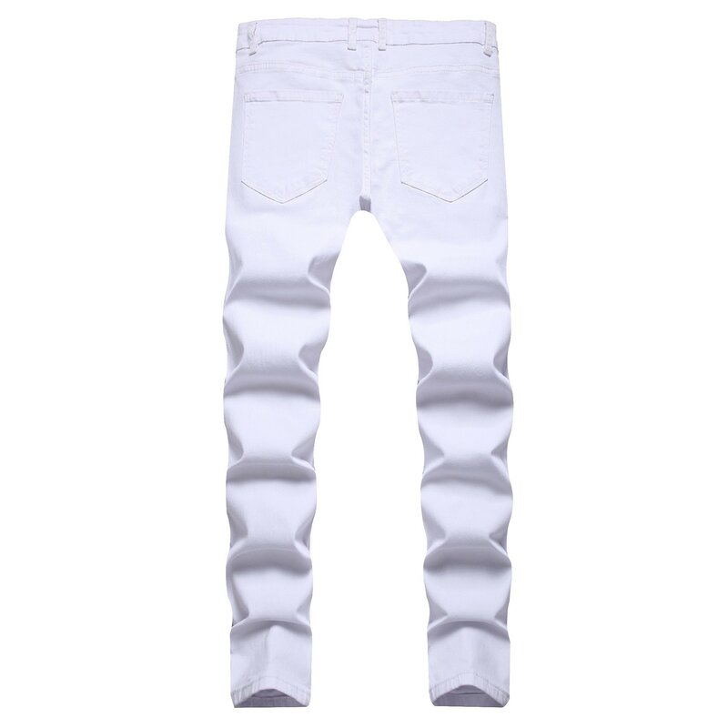 Men's stretch printed white slim jeans Europe station fashion personality men's long pants
