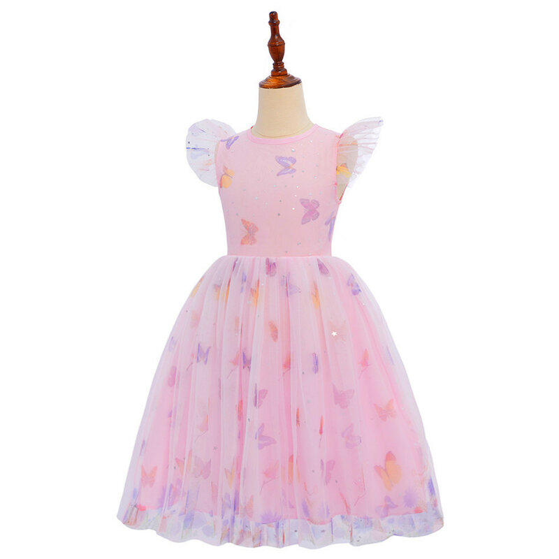 3〜8歳の女の子のための半袖プリンセスドレス,カジュアルドレス,ピンクのプリント