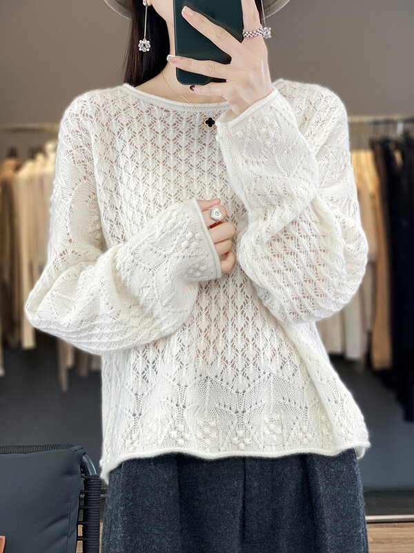 Aliselect-suéter de lana merina para mujer, jersey de manga larga con cuello redondo, prendas de punto caladas, moda de primavera y verano, 100%