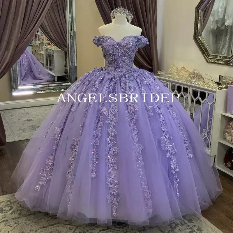 Lavender Off Shoulder Princess Ball Gown Quinceanera Dresses 3D Flower Lace Vestido 15 Girls Masquerade Birthday Party Gowns