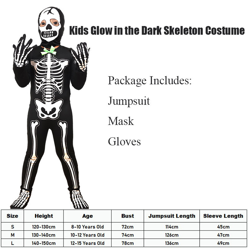 Świecące w ciemności kostium szkieletowy dla chłopców Unisex kostium na Halloween karnawałowy kostium dla dzieci świecący szkielet