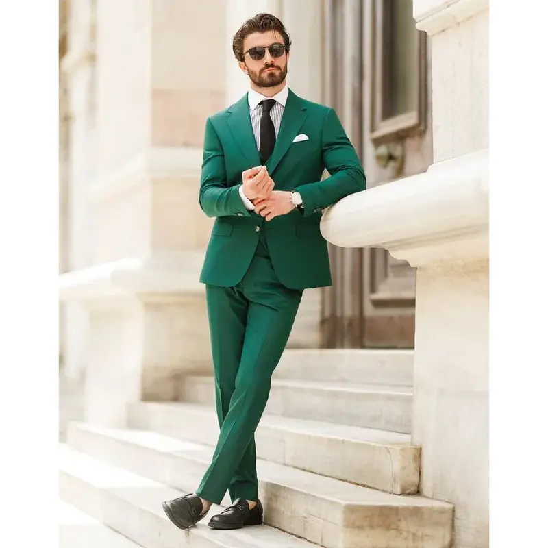 Pakaian pria hijau 3 potong jaket celana warna Solid rompi kustom kerah takik kancing sebaris pakaian pernikahan pengantin pria