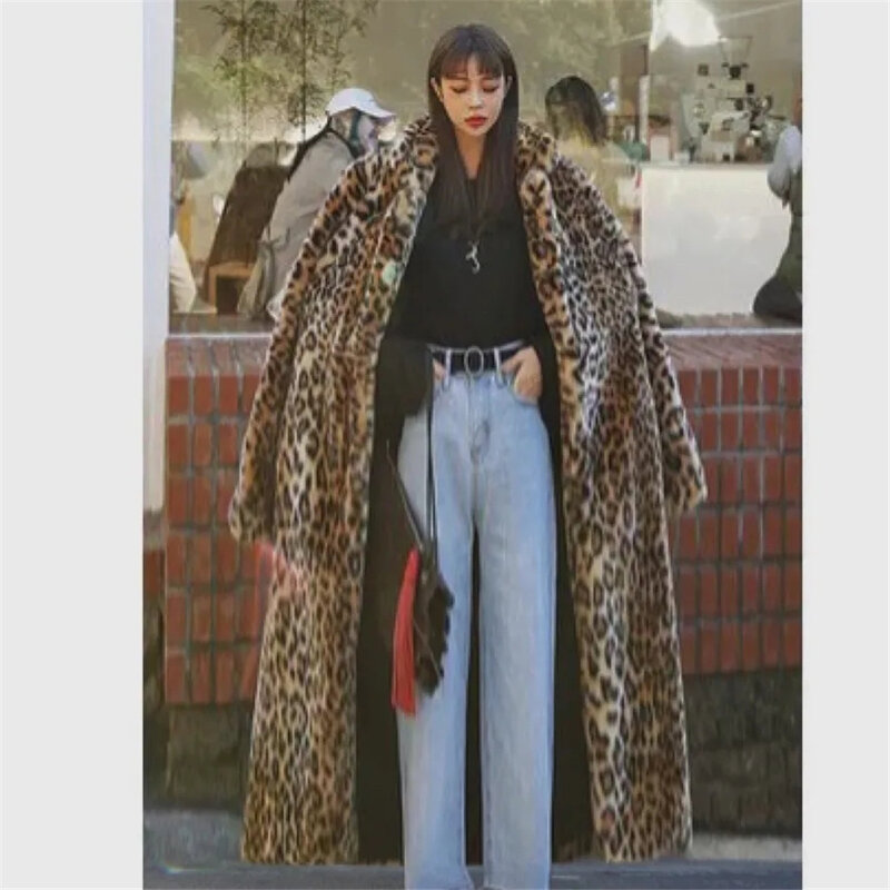 Damen Faux Pelz Leopard Muster Mantel, Slim Fit, Warm, Extra lang, Neue Mode, Street Trend, Herbst, Winter, 2022