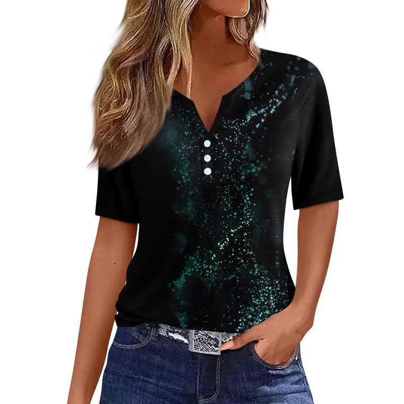 20224 Summer New Women's Sports Short Sleeve Button Polo Shirt Top Pullover Gradient Digital Print Wg19