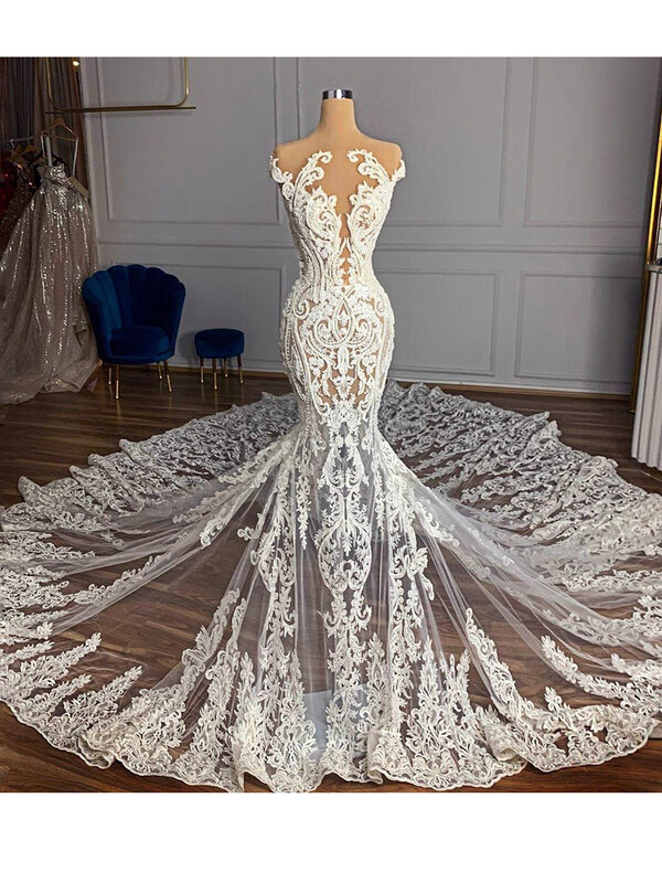 Vestidos de novia de sirena de encaje de Arabia 2023, talla grande, ilusión, con cuentas, Vintage, vestidos de novia Sexy hechos a medida