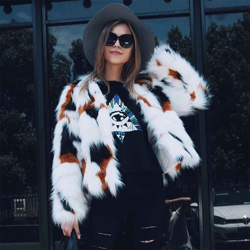 Women Mixed Color Animal Print Faux Fur Coat Female Long Sleeve Short Jacket 2022 Spring Autumn New Style Winter Coat Women