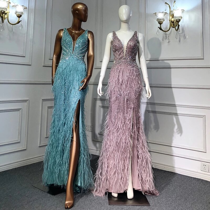 2022 New Handmade Beading Mermaid Evening Dresses With Feathers Sexy Split Long Evening Gowns For Women Party