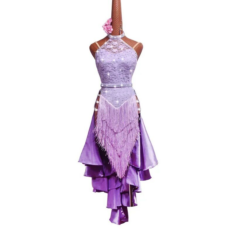 New Sparkly Rhinestones Latin Dance Dress Women Competition Fringed Dresses Salsa Rumba Samba Costumes Ballroom Tango Clothes