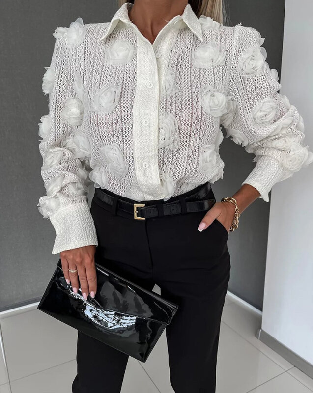 Fashion Woman Blouse 2024 Spring Rose Detail Buttoned Lace Casual Turn-Down Collar Plain Long Sleeve Daily Shirt Top