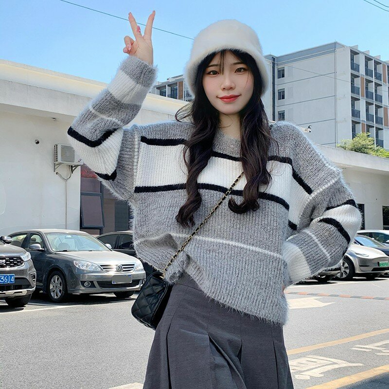 Женский вязаный свитер в полоску, повседневный Свободный пуловер с круглым вырезом и длинным рукавом, универсальный свитер в студенческом стиле, модель V38 на осень, 2023
