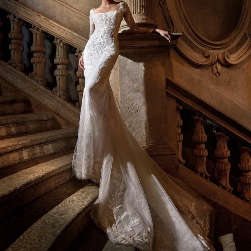 Skromny kwadratowy dekolt z długim rękawem suknia ślubna z błyszczącymi cekinami aplikacje suknia ślubna elegancka, długa sukienka ślubna De Mariée