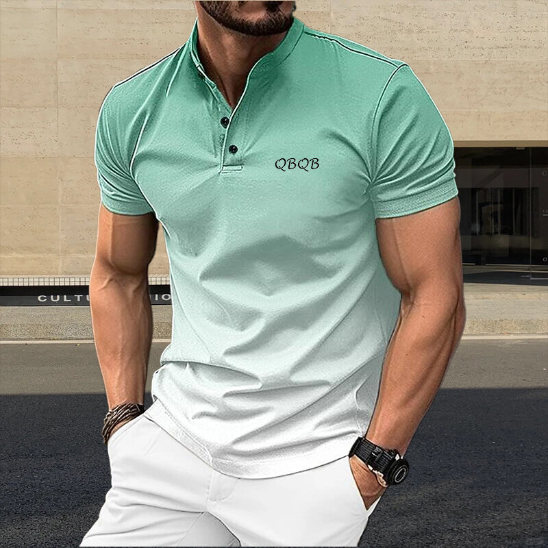 Modny męski top z krótkim rękawem QBQB, letni odzież uliczna trendu, szybkoschnący odzież na co dzień, oddychająca koszulka POLO biznesowy