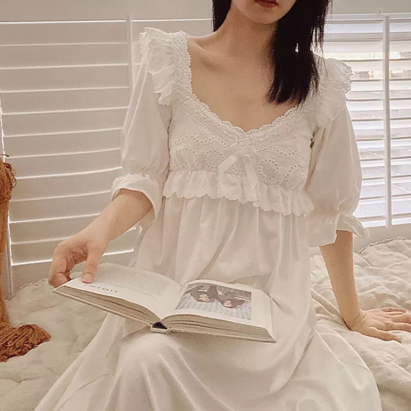 Vestido vitoriano de manga curta de algodão para mulheres, robe sexy, camisolas vintage, pijamas princesa, robe branco, pijamas