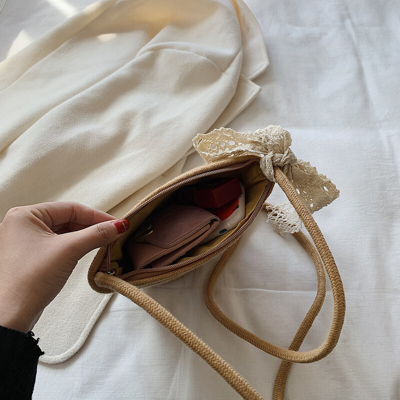 Hocodo verão pequeno saco de palha mão-tecido laço arco bolsa feminina cordão de palha bolsa de ombro feminino praia senhoras crossbody saco