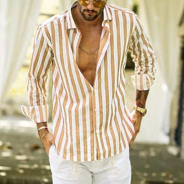 Men's Cotton Linen Striped Button Down Long Sleeve Shirt Business Formal Shirt Camisa Social Masculina Hot Sale