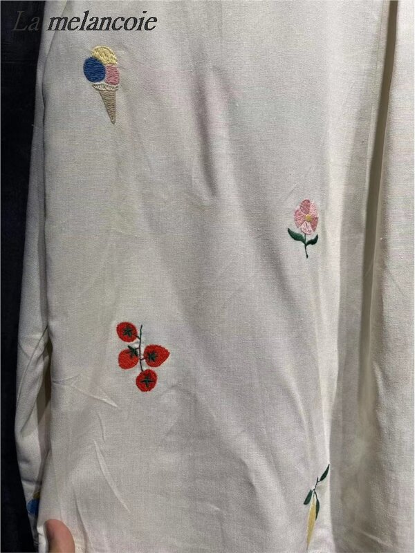 Camisa bordada de algodón y lino para mujer, blusa holgada de manga larga con cuello vuelto, a la moda, para Primavera, 2024
